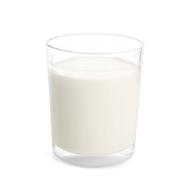 Photo of Glass of milk on white background. Fresh dairy product