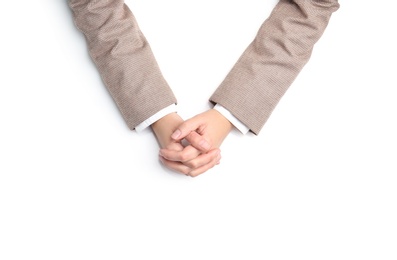 Photo of Woman on white background, top view. Closeup of hands