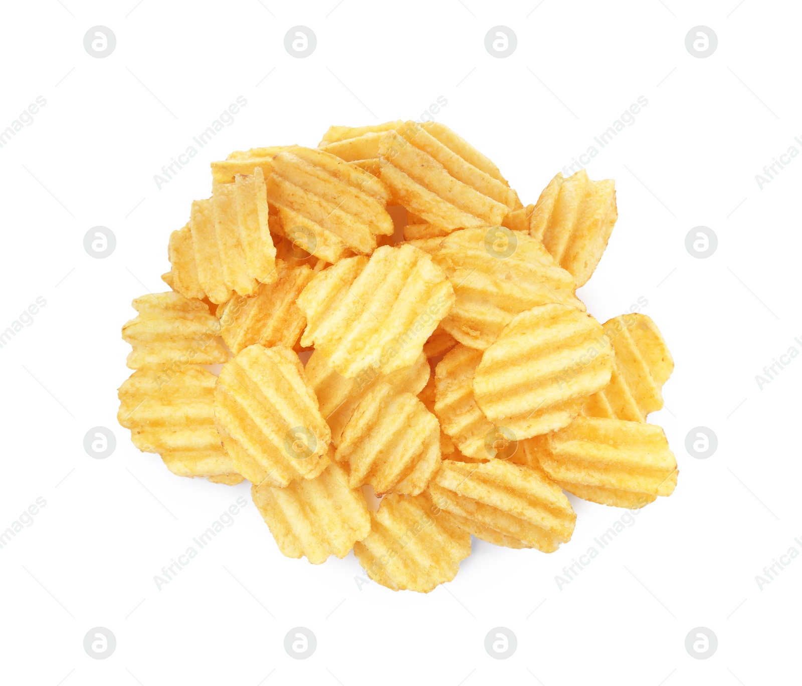 Photo of Heap of tasty ridged potato chips on white background, top view