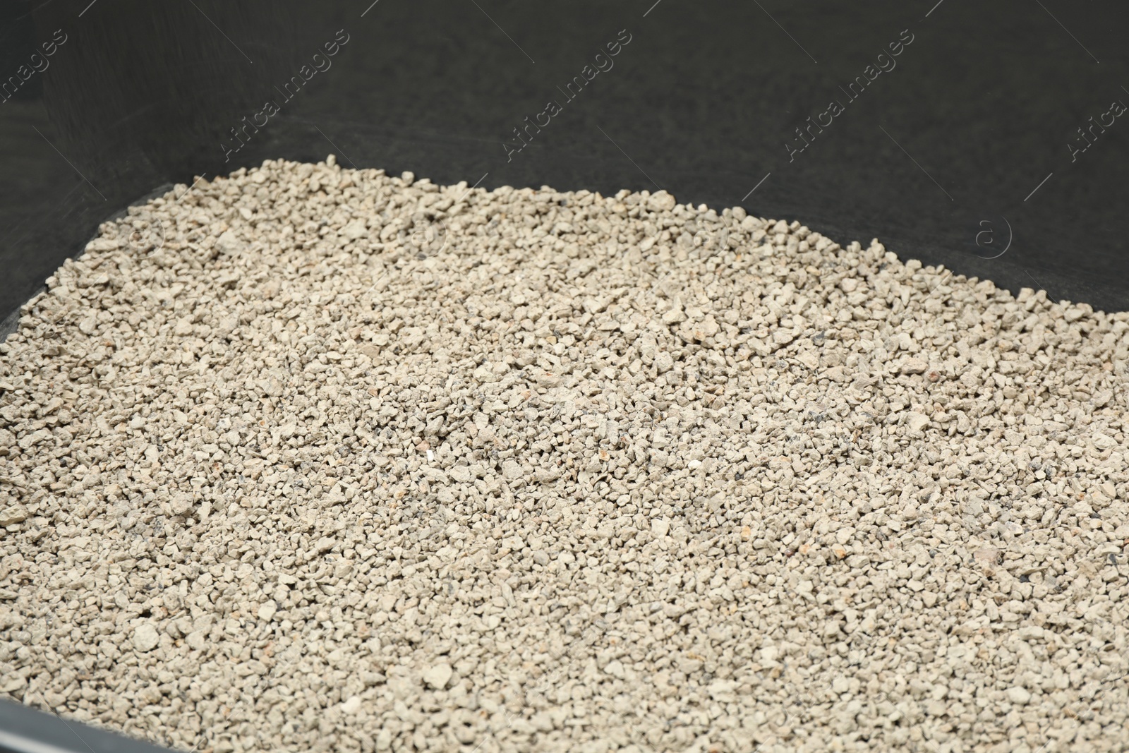 Photo of Clay cat litter in dark plastic container, closeup