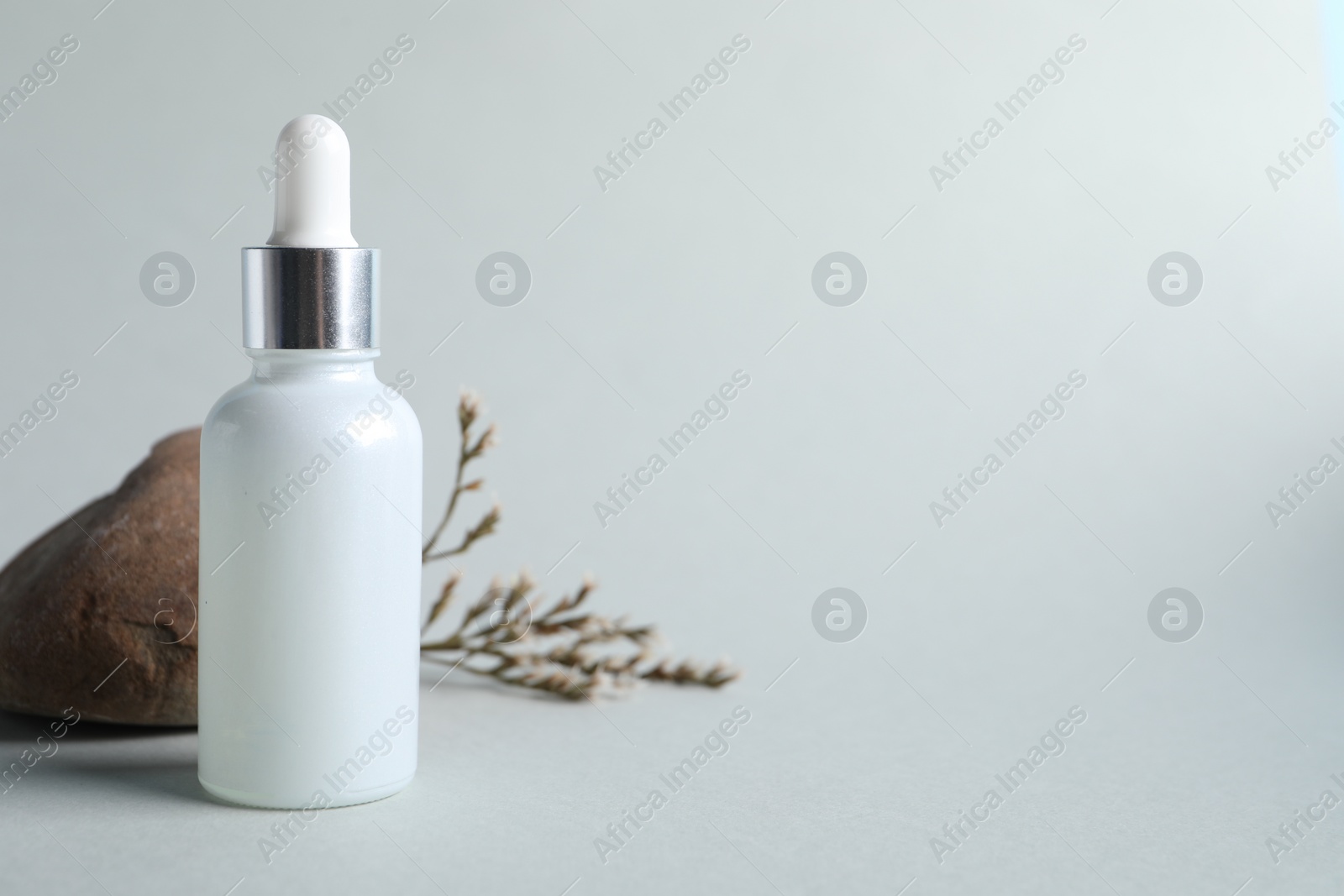 Photo of Bottle with cosmetic serum, stone and dry flowers on light grey background, space for text