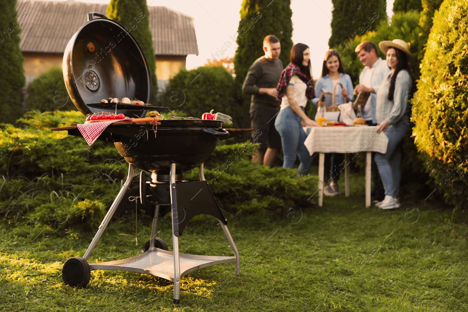 Photo of Group of friends having party outdoors. Focus on barbecue grill with food. Space for text