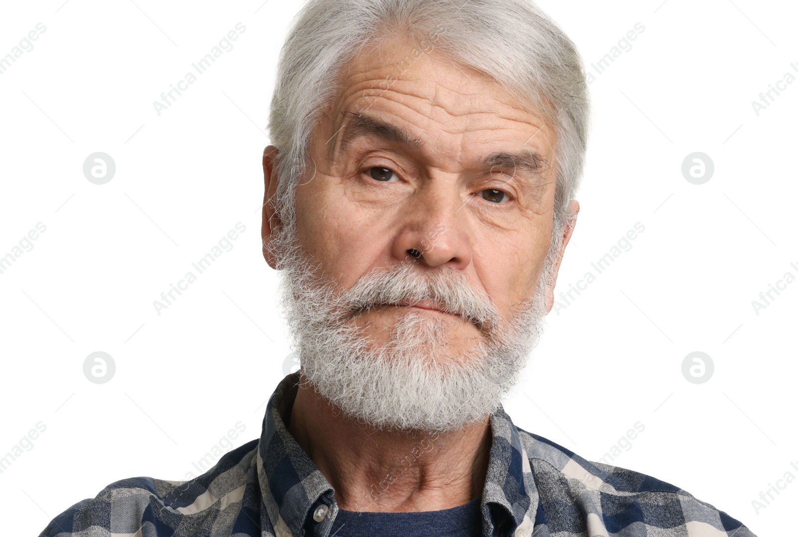 Photo of Senior man with mustache on white background