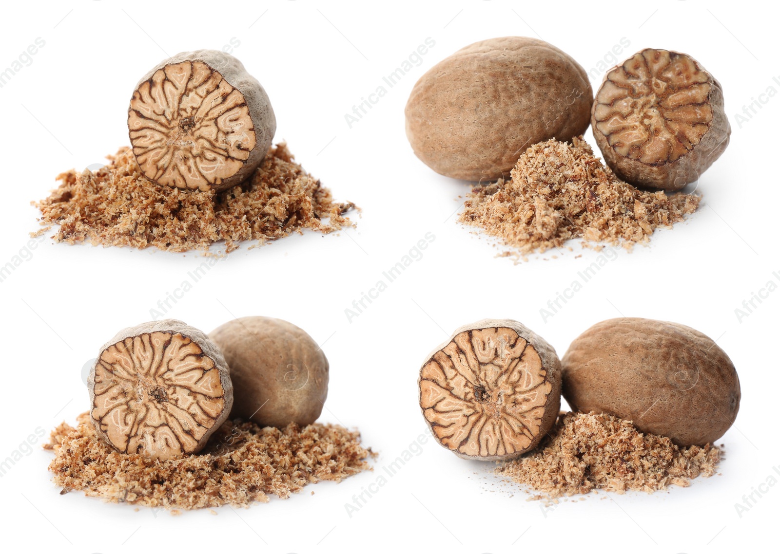 Image of Set with nutmeg seeds on white background 