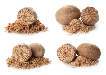 Image of Set with nutmeg seeds on white background 