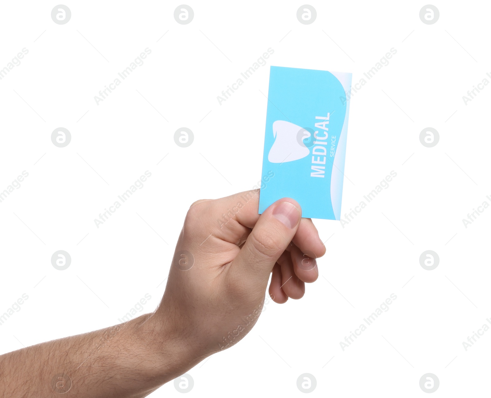 Photo of Man holding business card isolated on white, closeup. Dental medical service