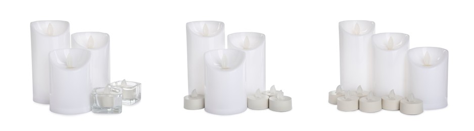 Image of Set with decorative flameless LED candles on white background. Banner design