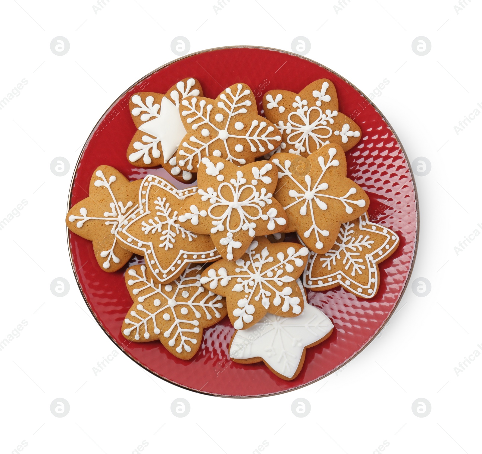 Photo of Tasty star shaped Christmas cookies with icing isolated on white, top view