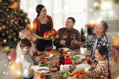 Image of Happy family enjoying festive dinner at home. Christmas celebration