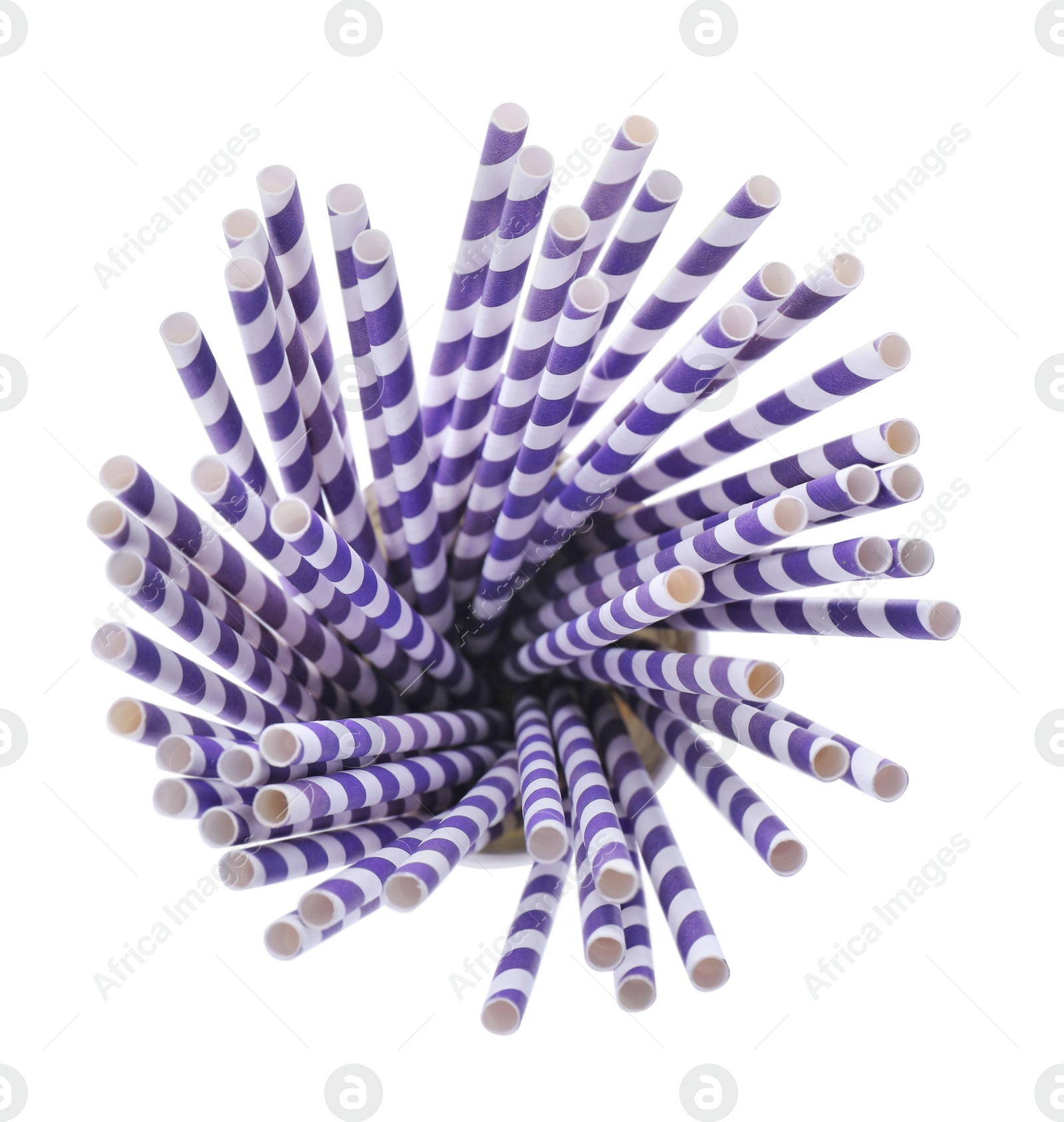 Photo of Striped paper cocktail tubes on white background, top view