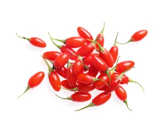 Fresh ripe goji berries on white background, top view