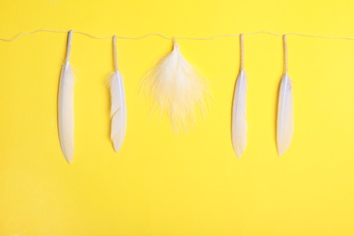 Photo of One different feather among others and rope on color background