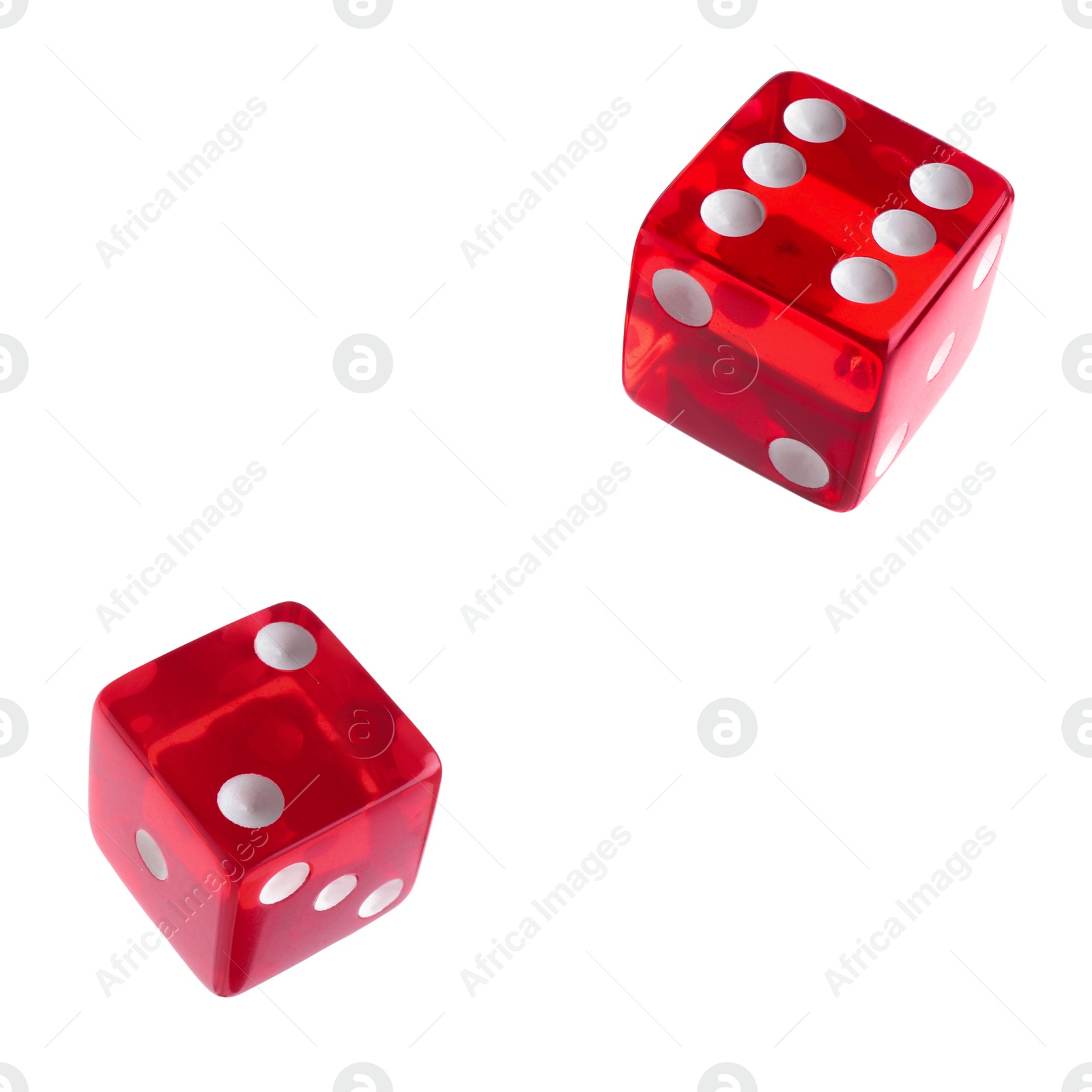 Image of Two red dice in air on white background