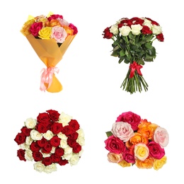 Image of Set of beautiful rose bouquets on white background