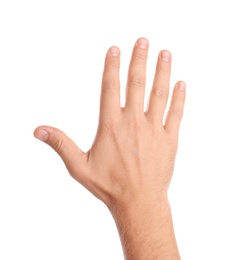 Photo of Man showing hand on white background, closeup