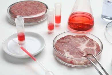 Photo of Samples of cultured meats on white lab table