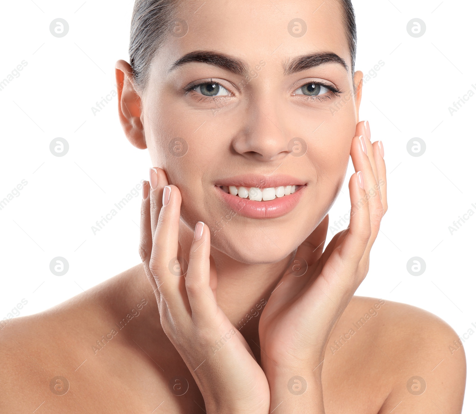 Photo of Portrait of beautiful young woman on white background. Lips contouring, skin care and cosmetic surgery concept