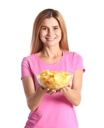 Photo of Woman with bowl of potato chips on white background