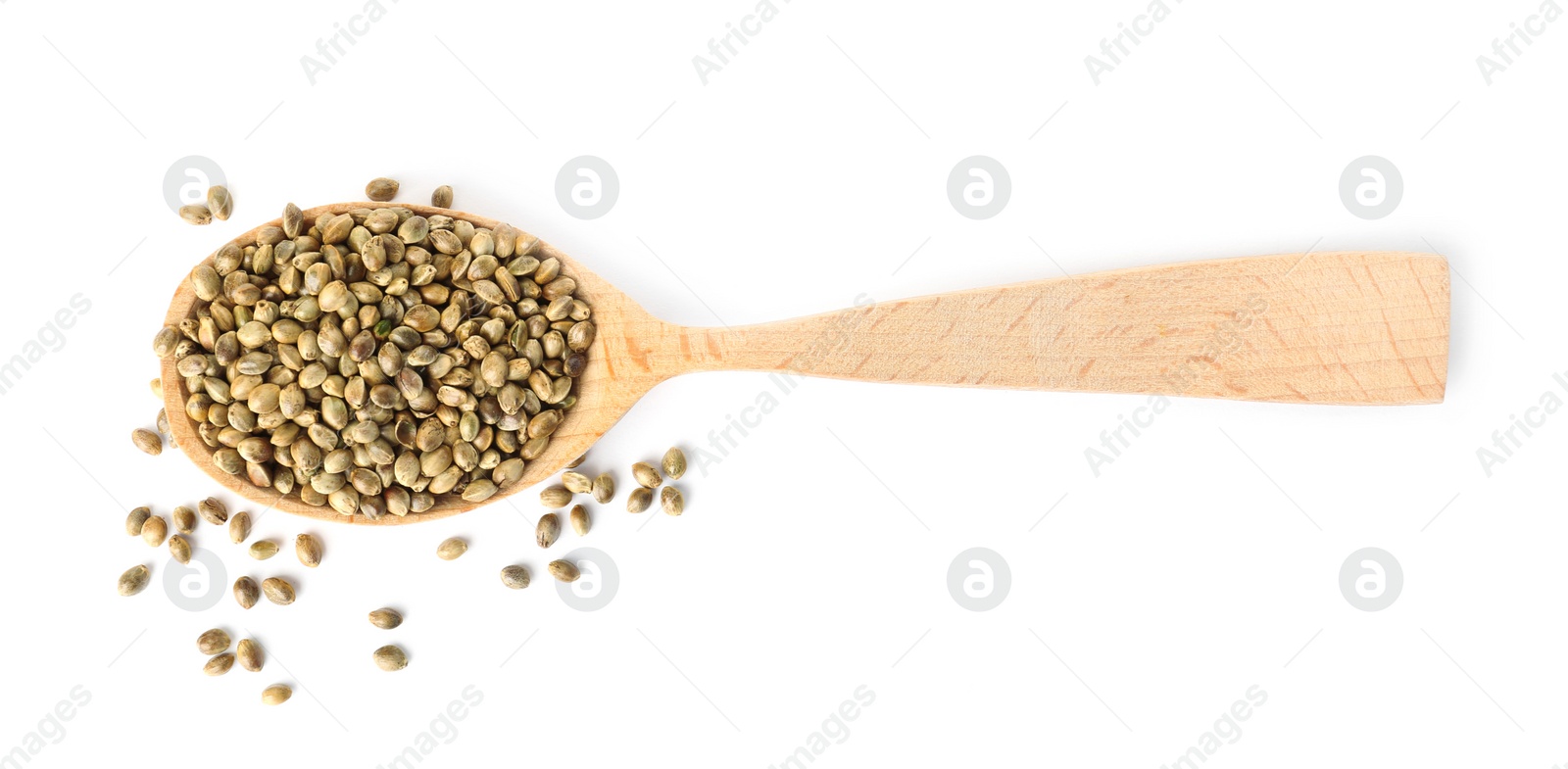 Photo of Spoon with hemp seeds on white background, top view