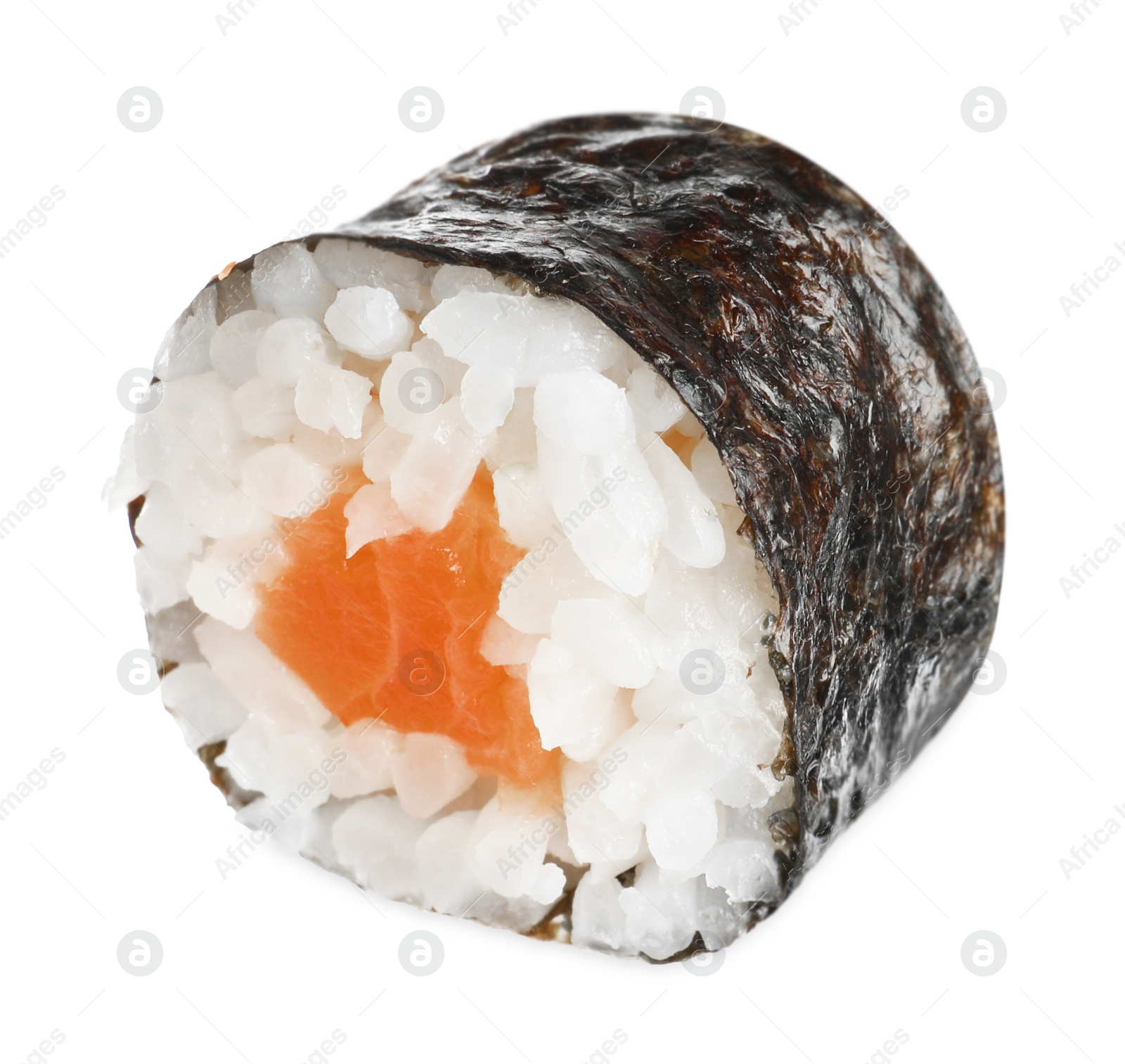 Photo of Delicious fresh sushi roll with salmon isolated on white