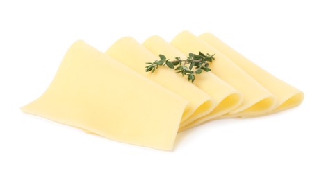 Slices of tasty fresh cheese and thyme isolated on white