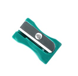Photo of Plastic turquoise pencil sharpener isolated on white, top view