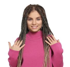 Beautiful woman with long african braids on white background