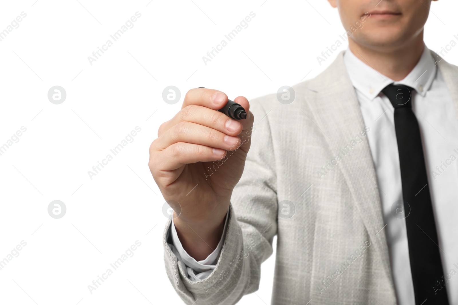 Photo of Businessman with marker on white background, closeup
