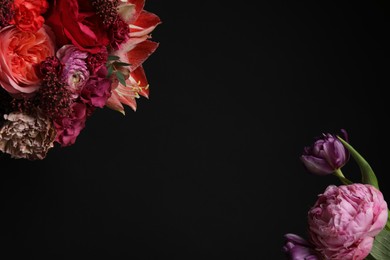 Photo of Beautiful fresh flowers on dark background, space for text