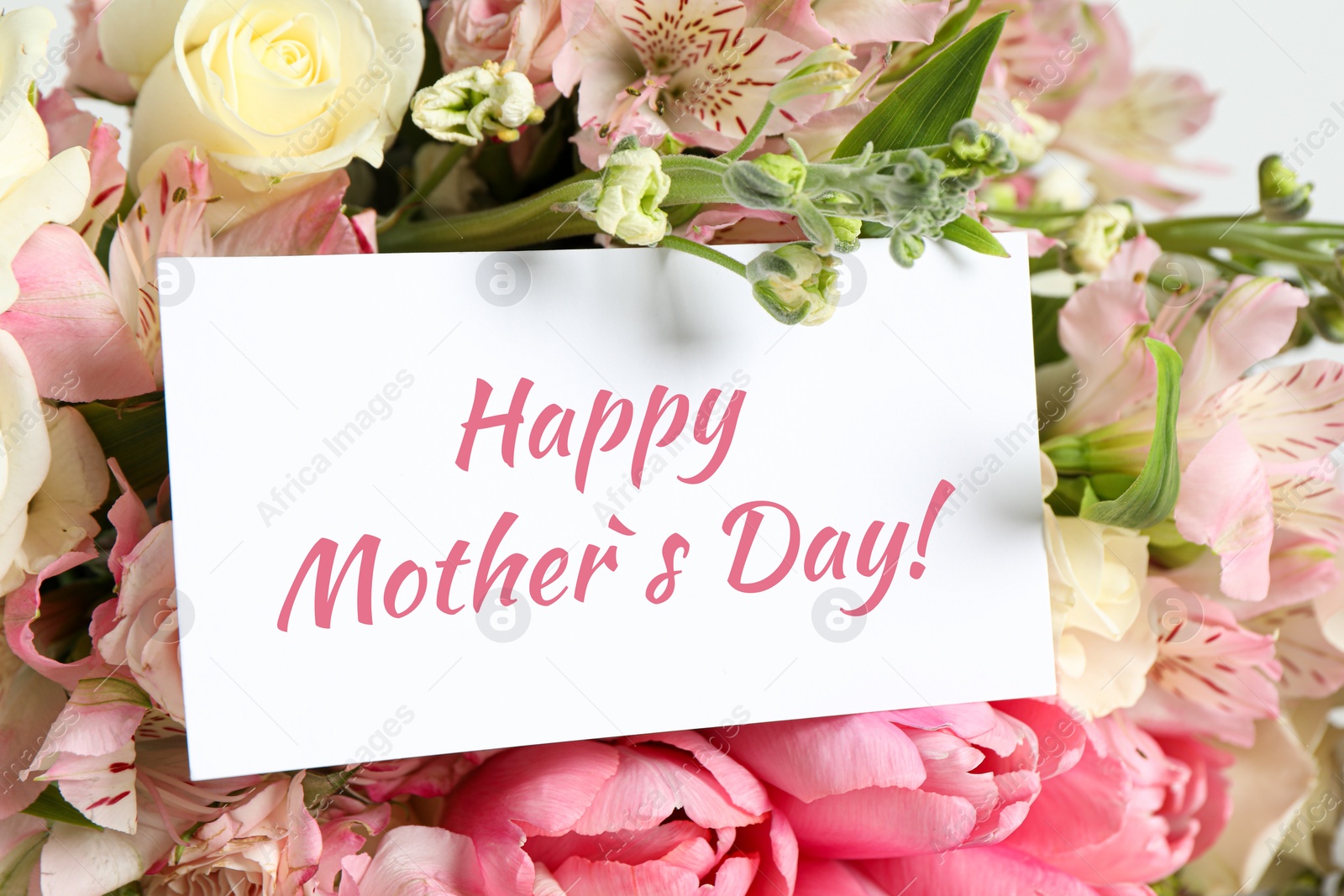 Image of Happy Mother's Day greeting card and beautiful flowers