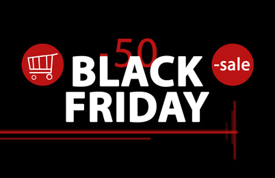 Illustration of Text BLACK FRIDAY and shopping icons on dark background