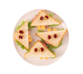 Plate with tasty monster sandwiches isolated on white, top view. Halloween food