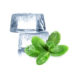 Ice cubes and green mint leaves on white background