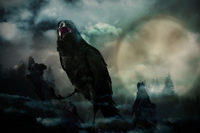 Image of Creepy black crow croaking in misty dark forest on full moon night