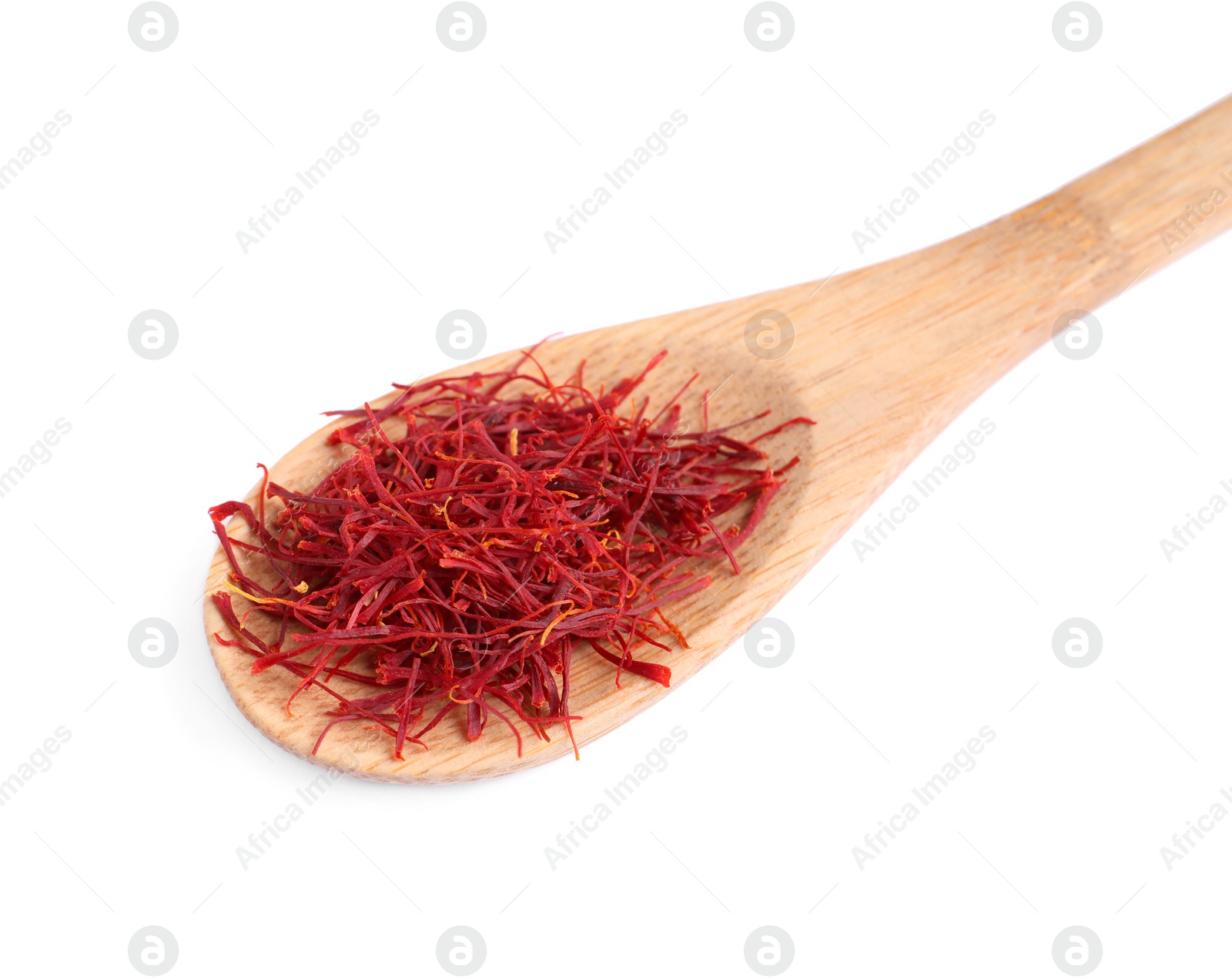 Photo of Wooden spoon with dried saffron isolated on white, above view