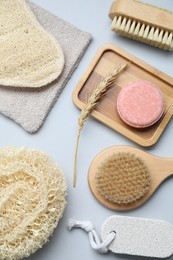 Bath accessories. Flat lay composition with personal care products on white background