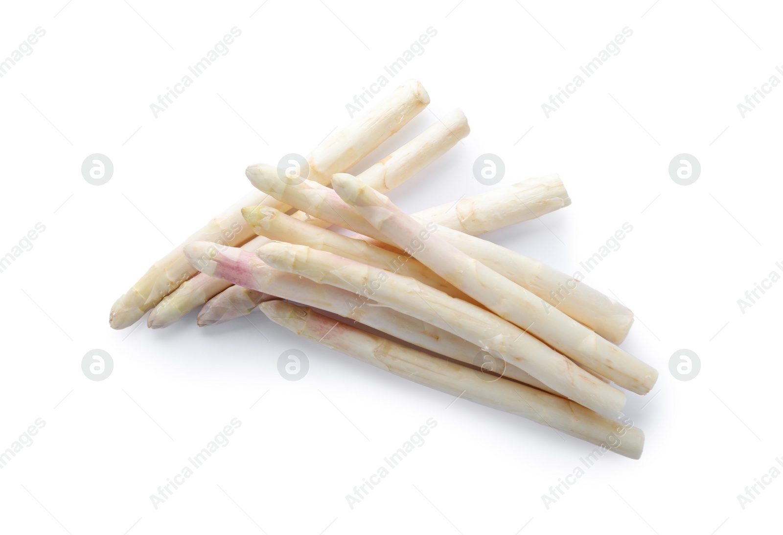 Photo of Pile of fresh raw asparagus isolated on white, top view