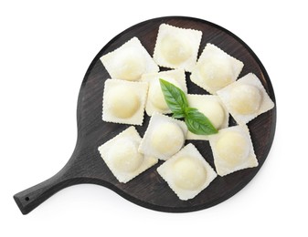 Photo of Uncooked ravioli and basil on white background, top view