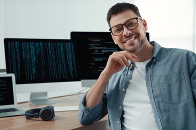 Photo of Happy programmer working at desk in office