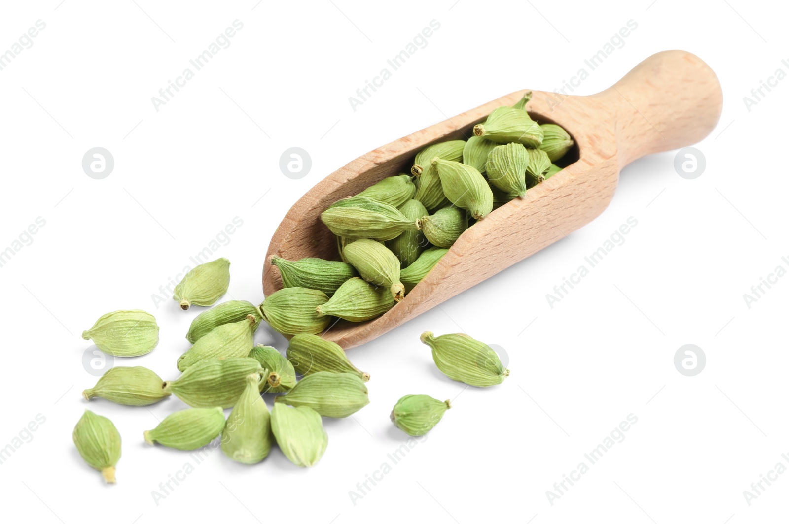 Photo of Wooden scoop with dry cardamom seeds on white background