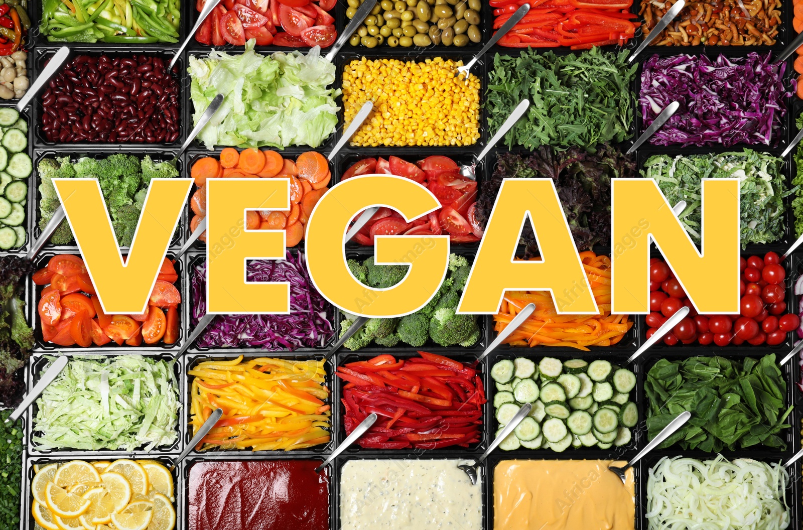 Image of Word Vegan and different fresh vegetables, top view