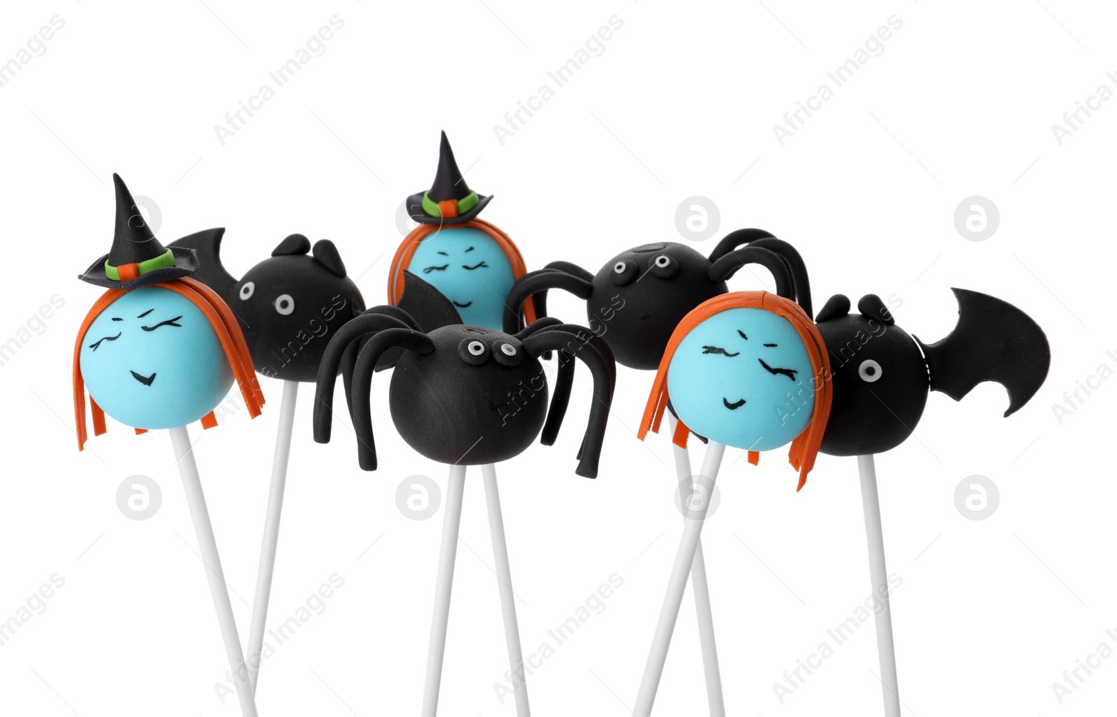 Photo of Different Halloween themed cake pops on white background