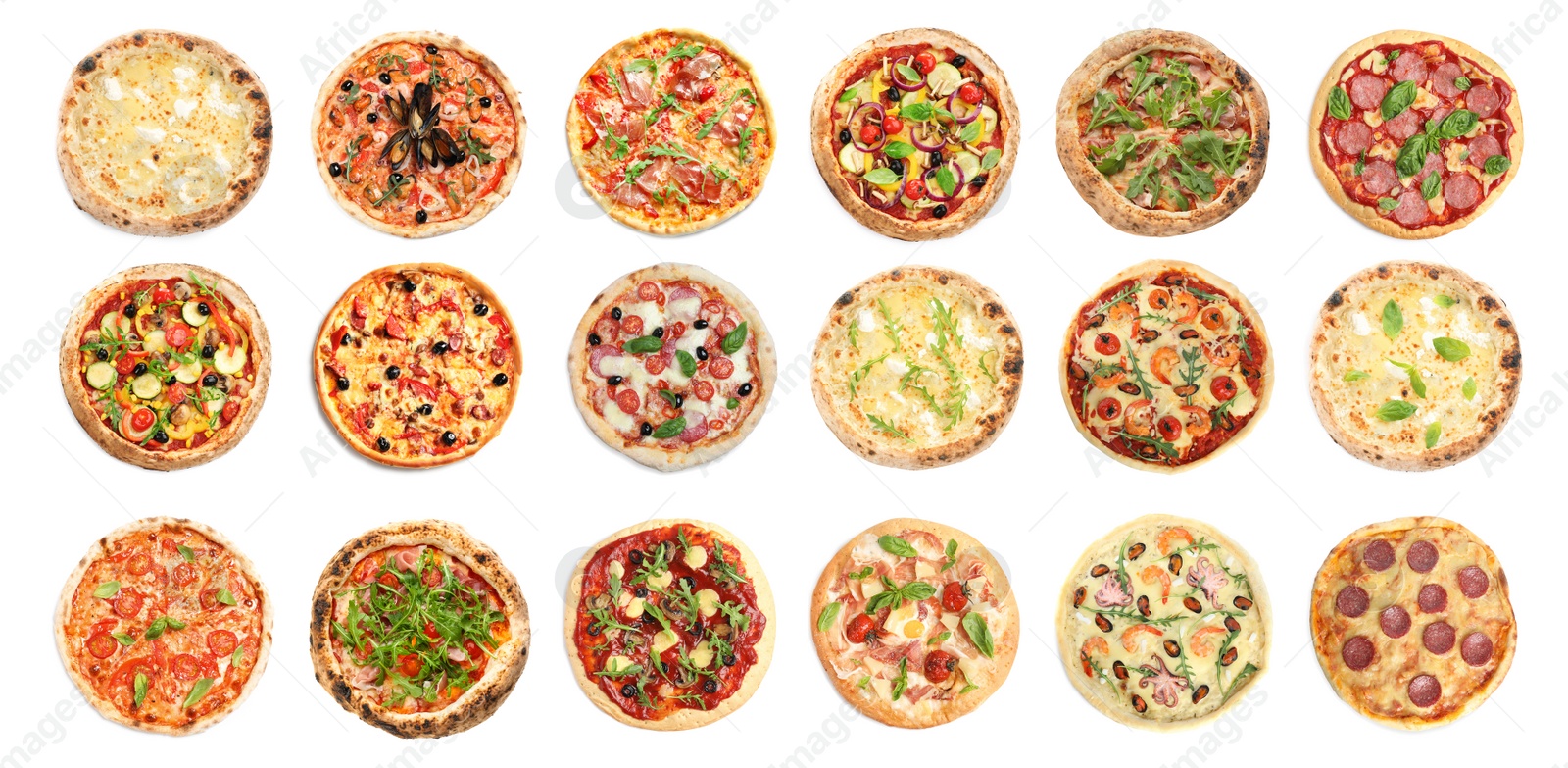 Image of Set with different delicious pizzas on white background, top view. Banner design