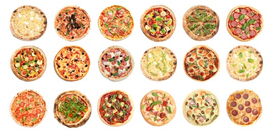 Set with different delicious pizzas on white background, top view. Banner design