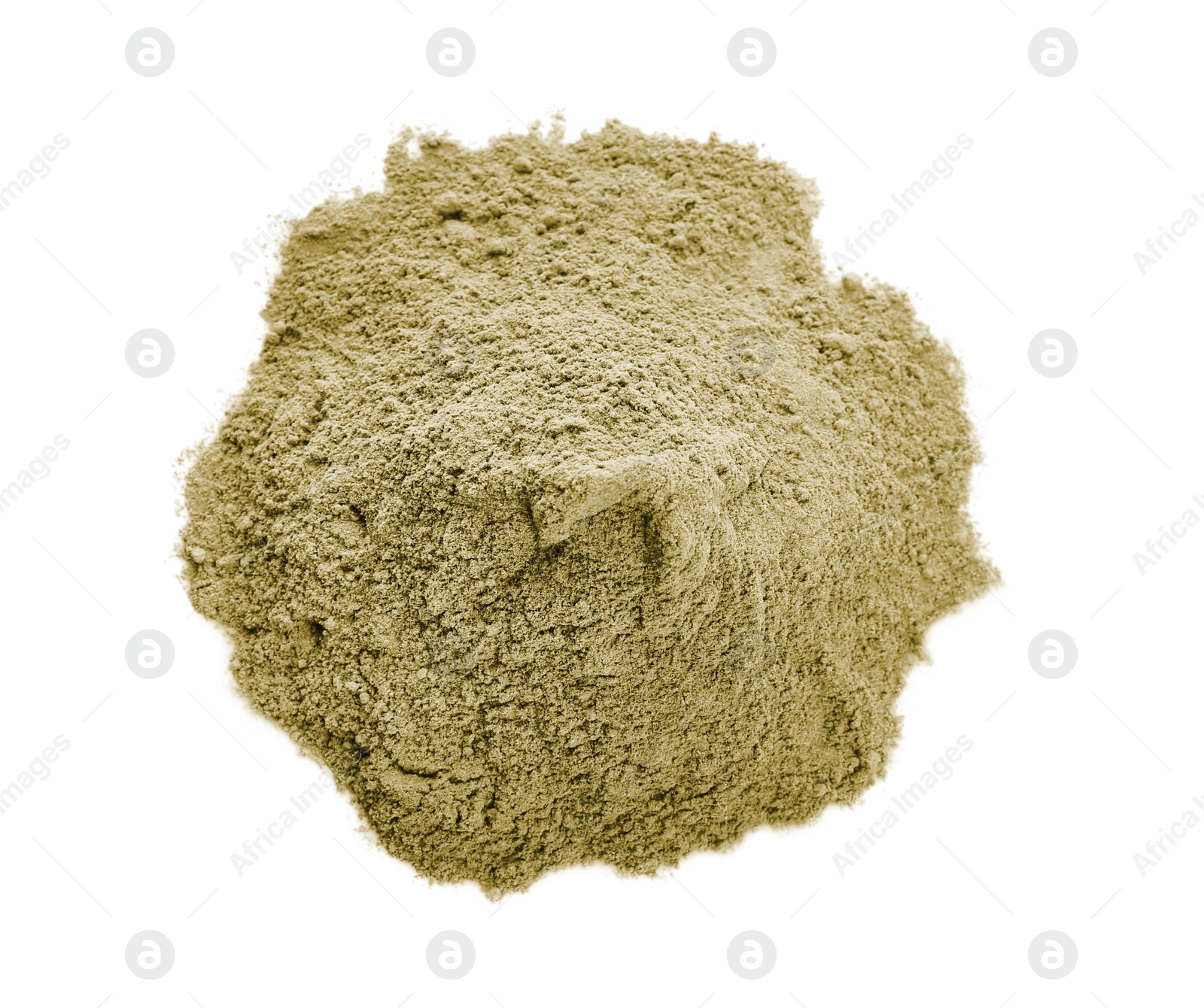 Photo of Heap of hemp protein powder on white background, top view