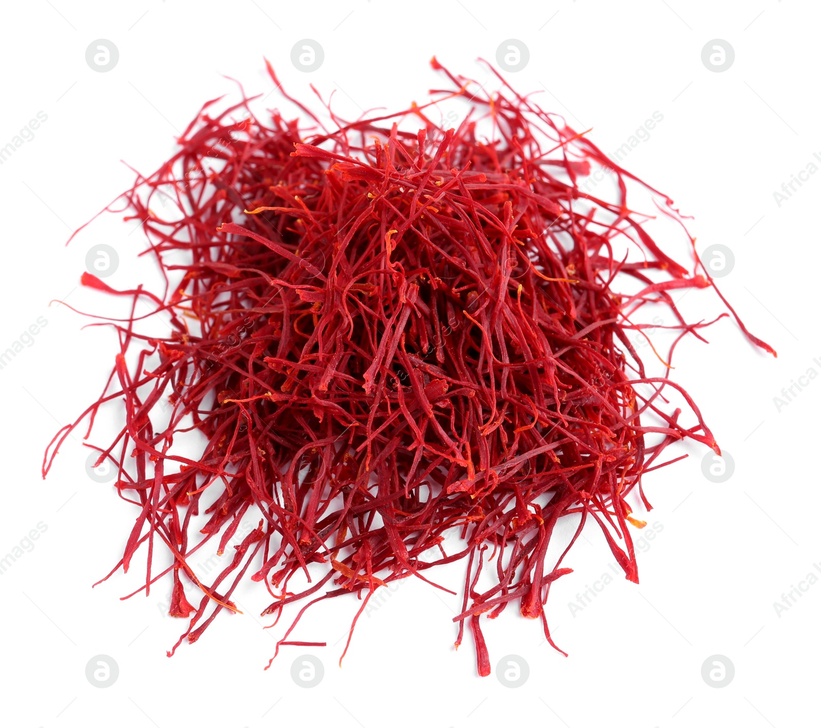 Photo of Pile of dried saffron isolated on white, top view