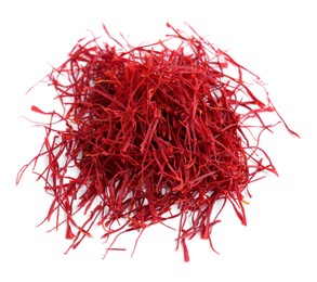 Pile of dried saffron isolated on white, top view