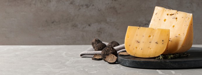 Image of Fresh cheese and truffles on grey table, space for text. Banner design