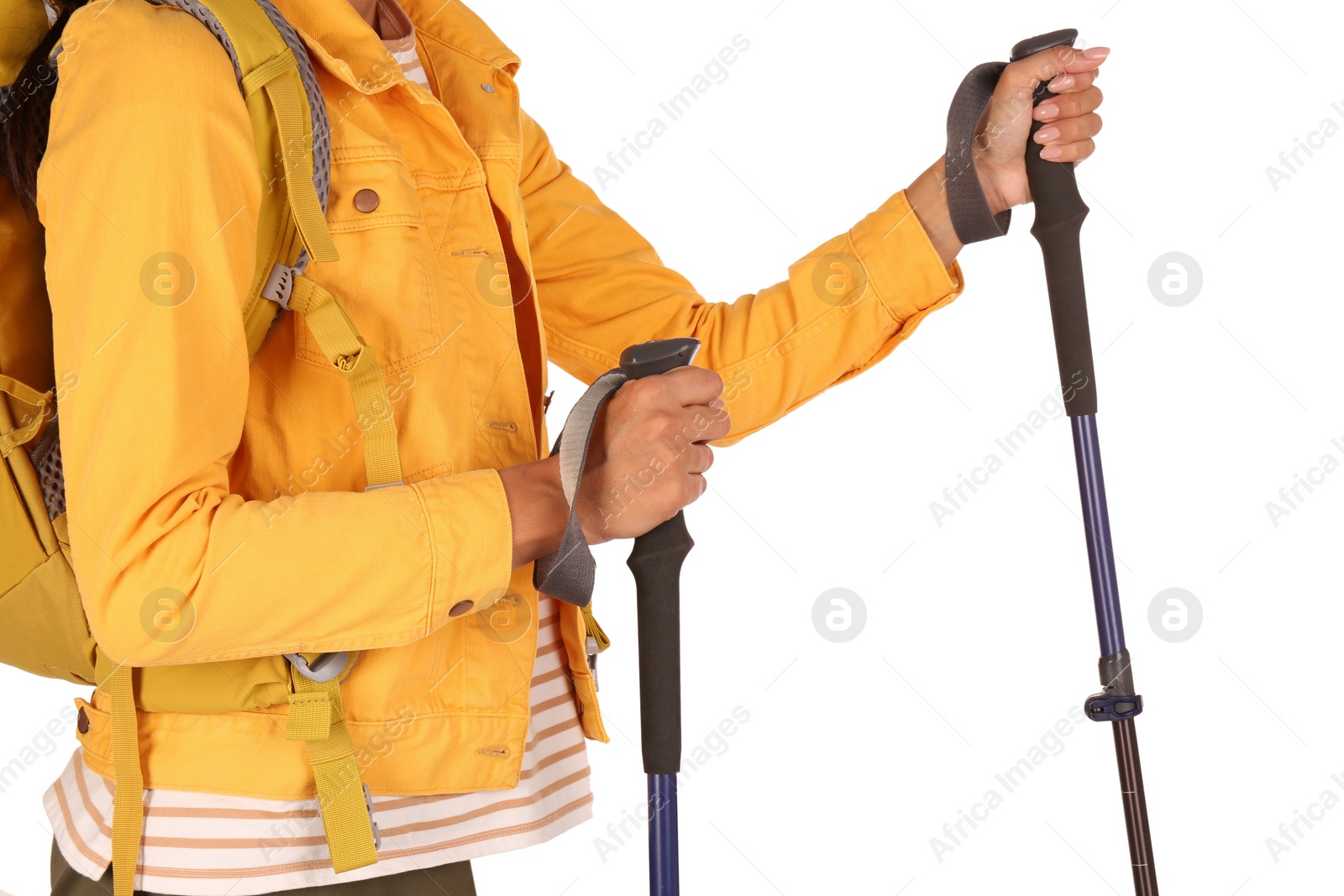 Photo of Woman with trekking poles on white background, closeup