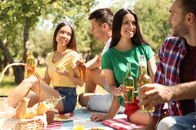 Young people enjoying picnic in park on summer day